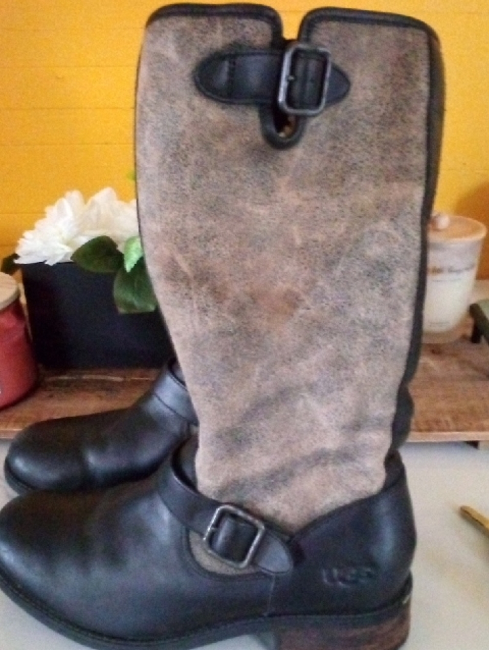 UGG Black Leather and Brown Suede Moto Boots